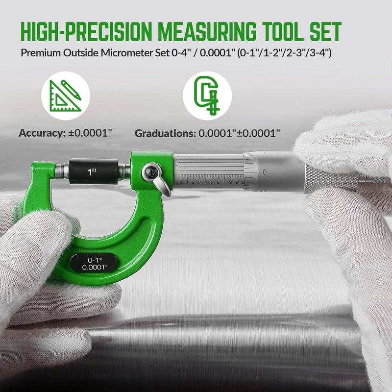 SANDOR Premium Outside Micrometer Set 0-4" / 0.0001" (0-1"/1-2"/2-3"/3-4") Precision Machinist Tools w/Carbide Tips, Standards, Ratchet Stop, Green - Image 3